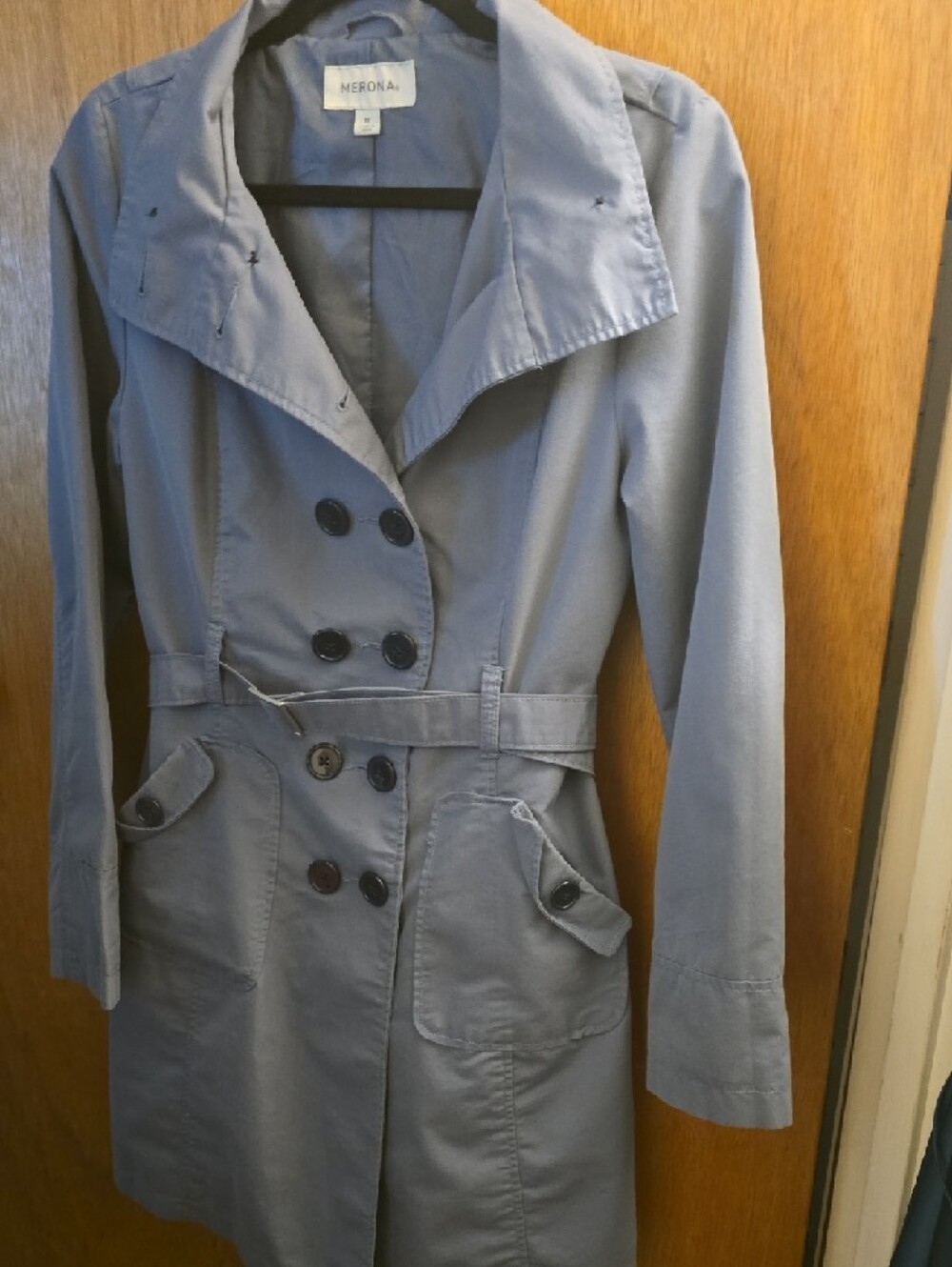 Women's Light  Blue Double-Breasted Trench Coat - Picture 3 of 11
